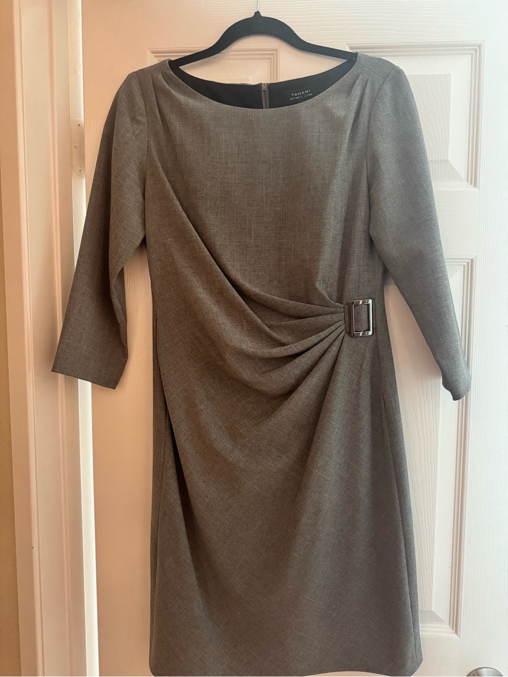 Tahari ASL Gray Draped Sheath Dress with Side Buckle